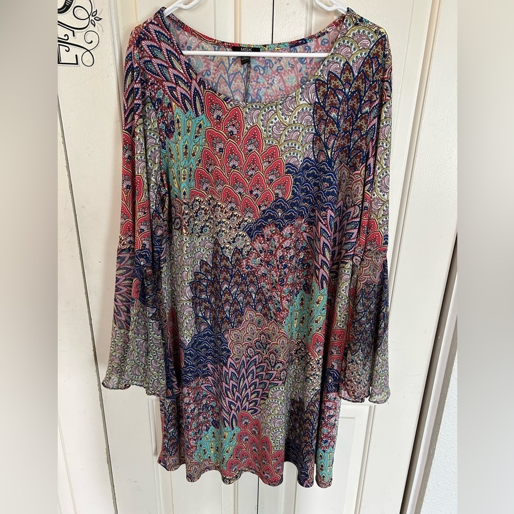 MSK Dress Women 2X Plus Blue Geometric Shift Short Round Neck Long Bell Sleeve